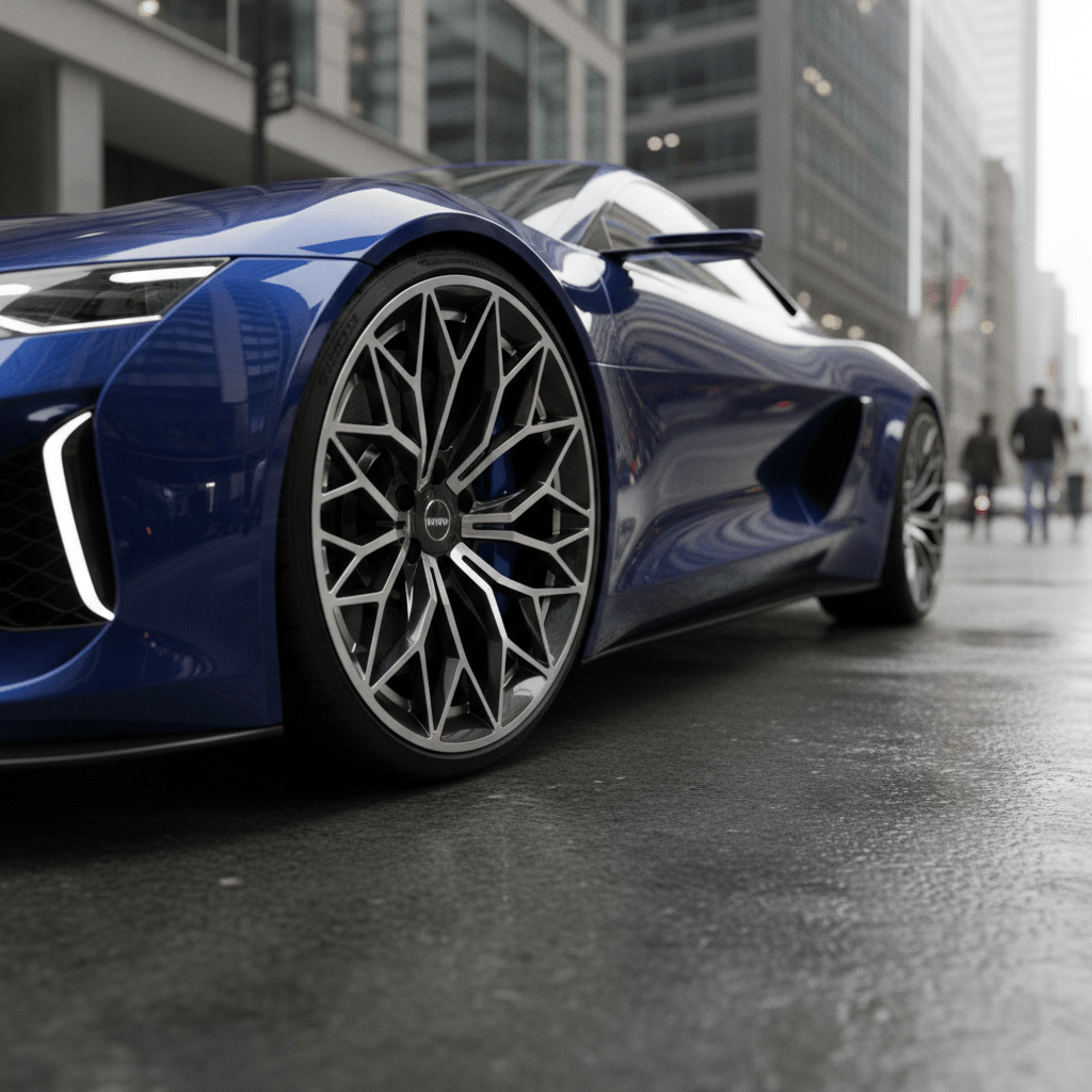 Luxury sports coupe with intricate mesh basketweave wheels on a sleek urban street.