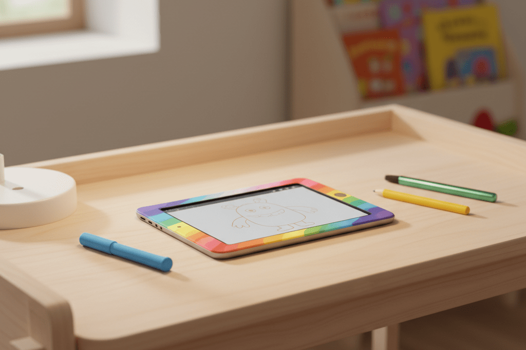 Colorful tablet and art tools on a desk lit by natural light, showcasing safe, creative tech for kids