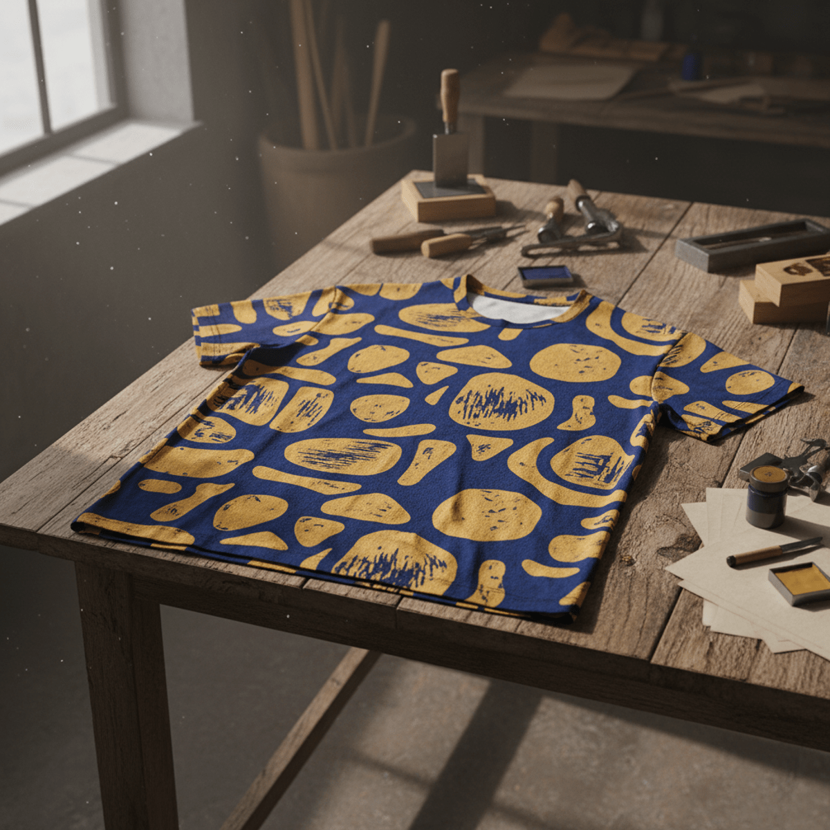 Flat lay of a unisex t-shirt with abstract linocut patterns on a wooden table.