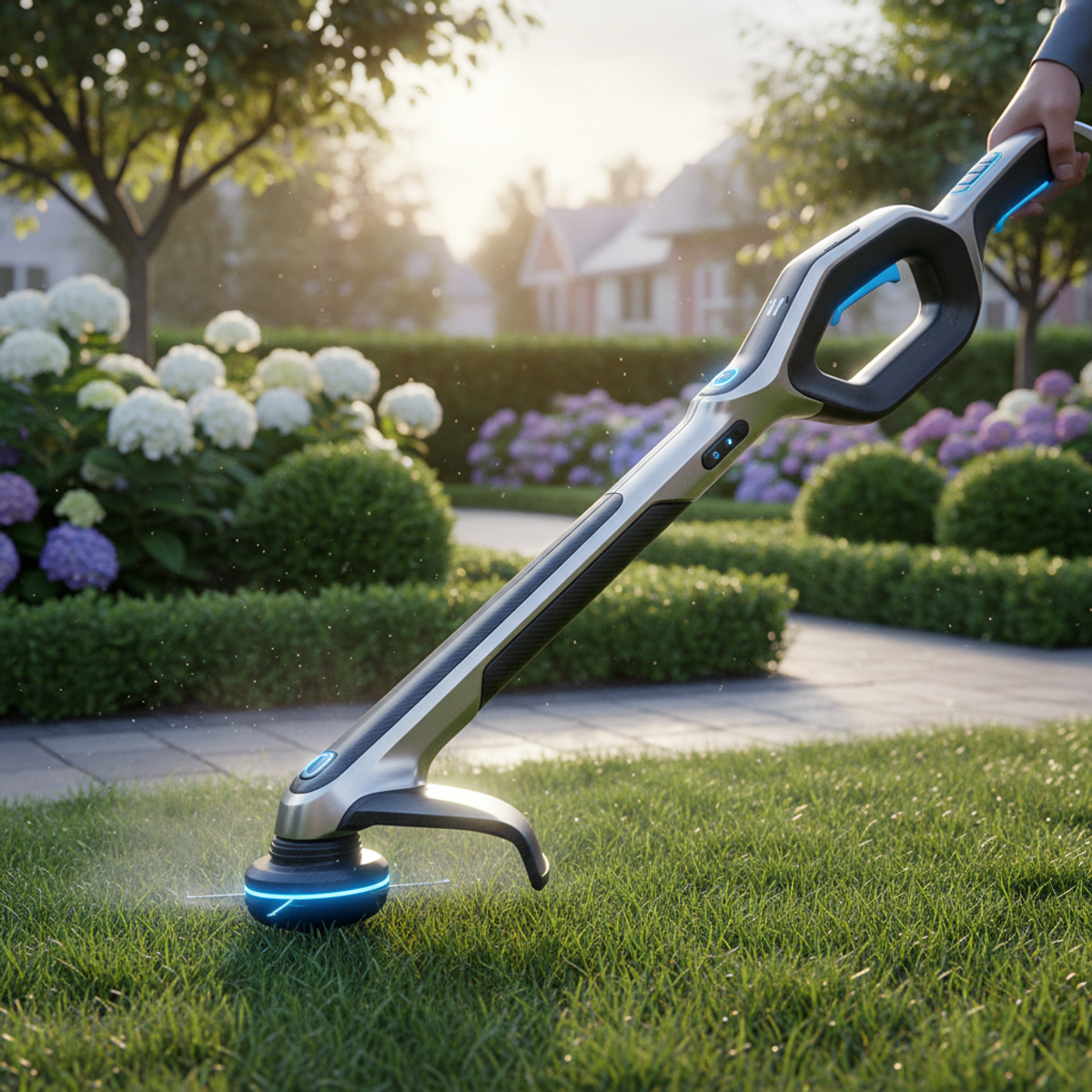 Sleek futuristic trimmer with blue LEDs operates in a lush suburban garden.