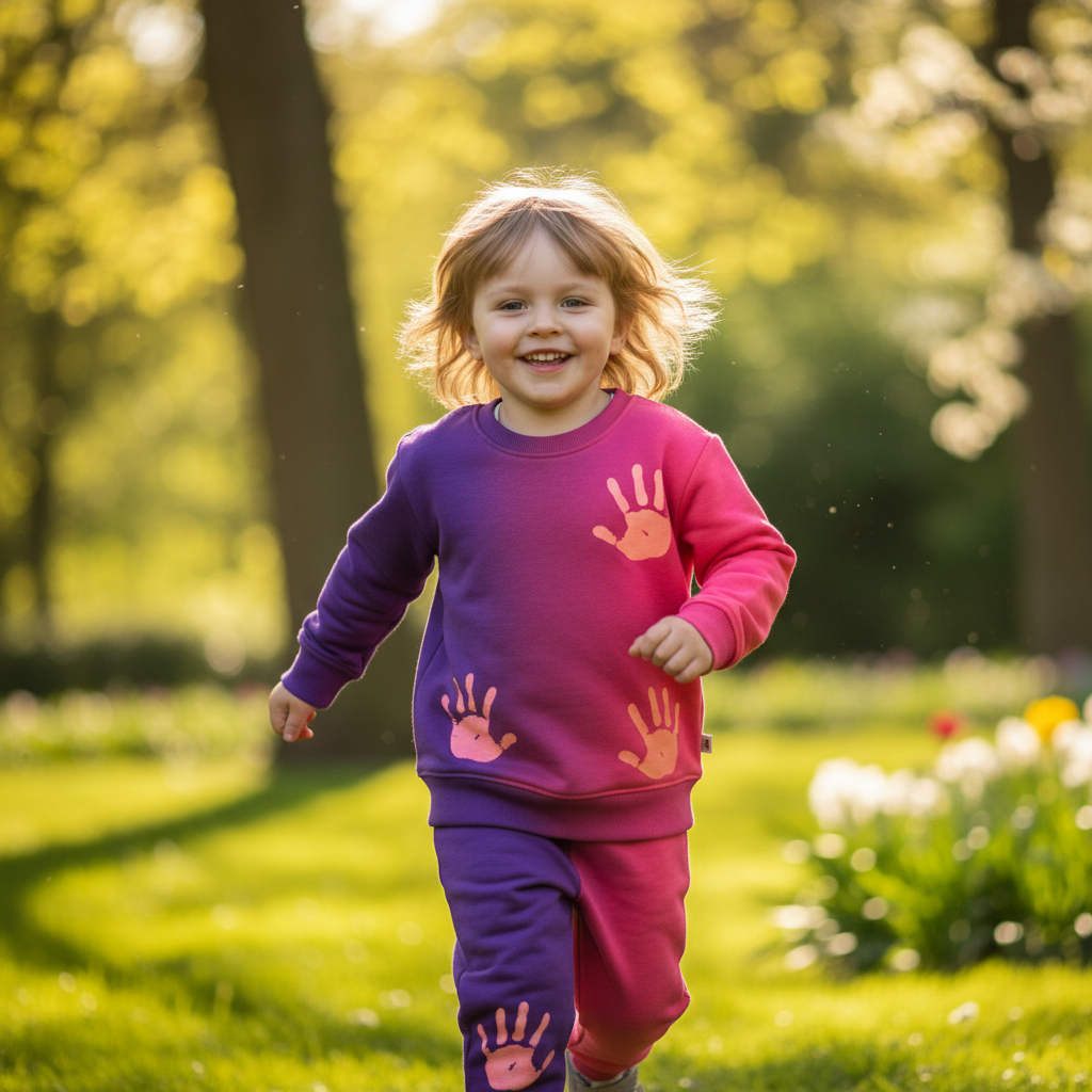 Child in a color-changing sweatsuit running in a park, palm prints appear.