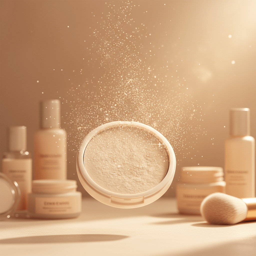 Compact powder with light-refracting particles in soft golden hour sunlight.