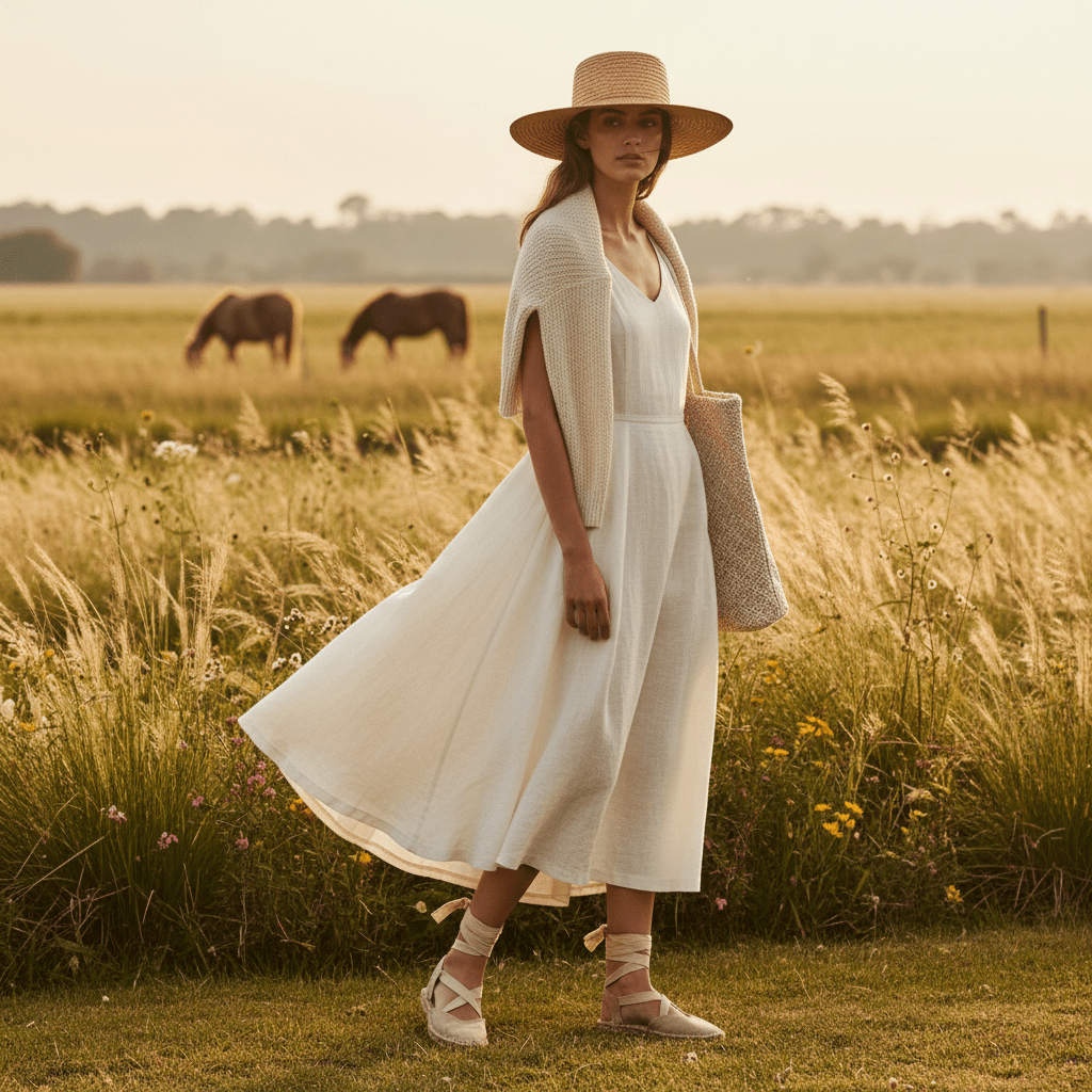 Model in elegant off-white linen dress at a countryside estate garden.