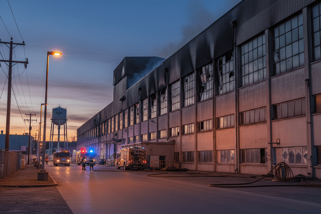 Wide shot of a glass manufacturing plant exterior with smoke stains and emergency lights reflecting systemic supply chain risks