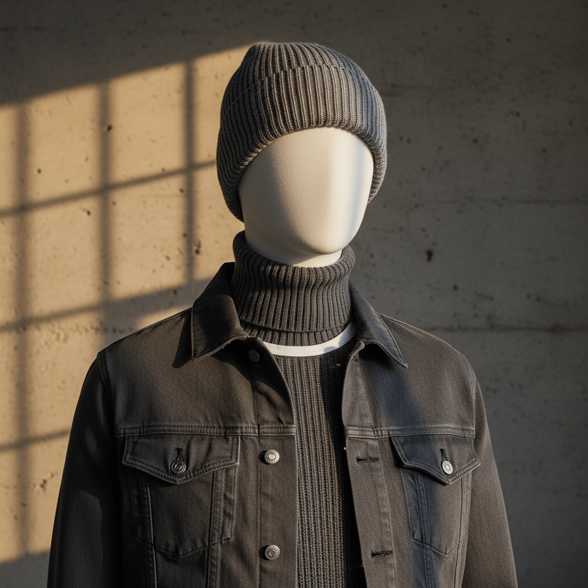 Gray beanie layered with charcoal wool, graphite denim, and suede boots in golden hour light.