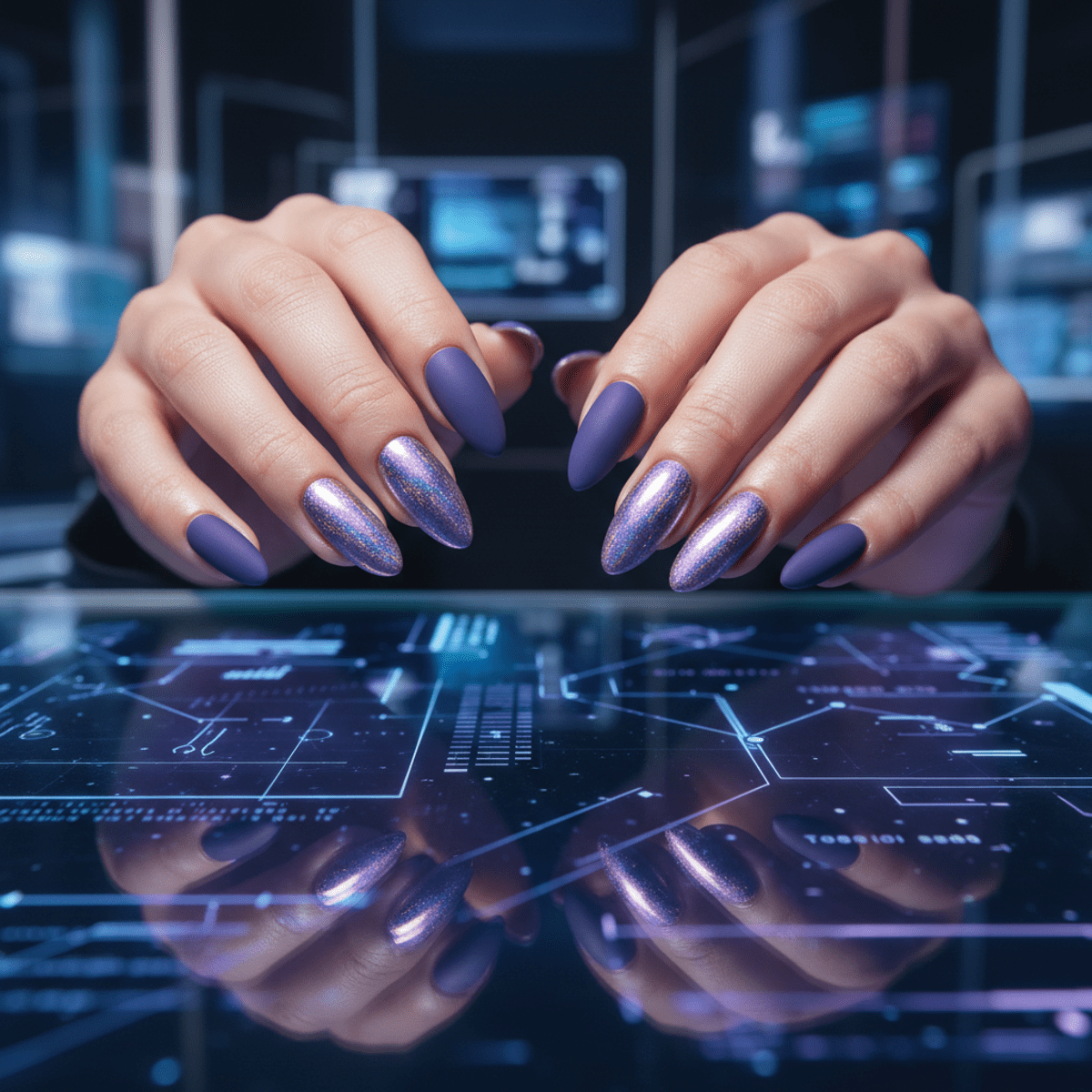Digital lavender chrome nails with holographic shimmer on a glass tabletop.