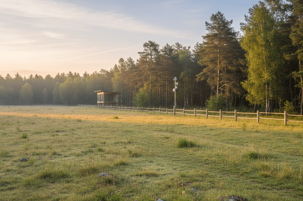 Wide view of a peaceful wildlife habitat with subtle signs of sustainable management under natural light