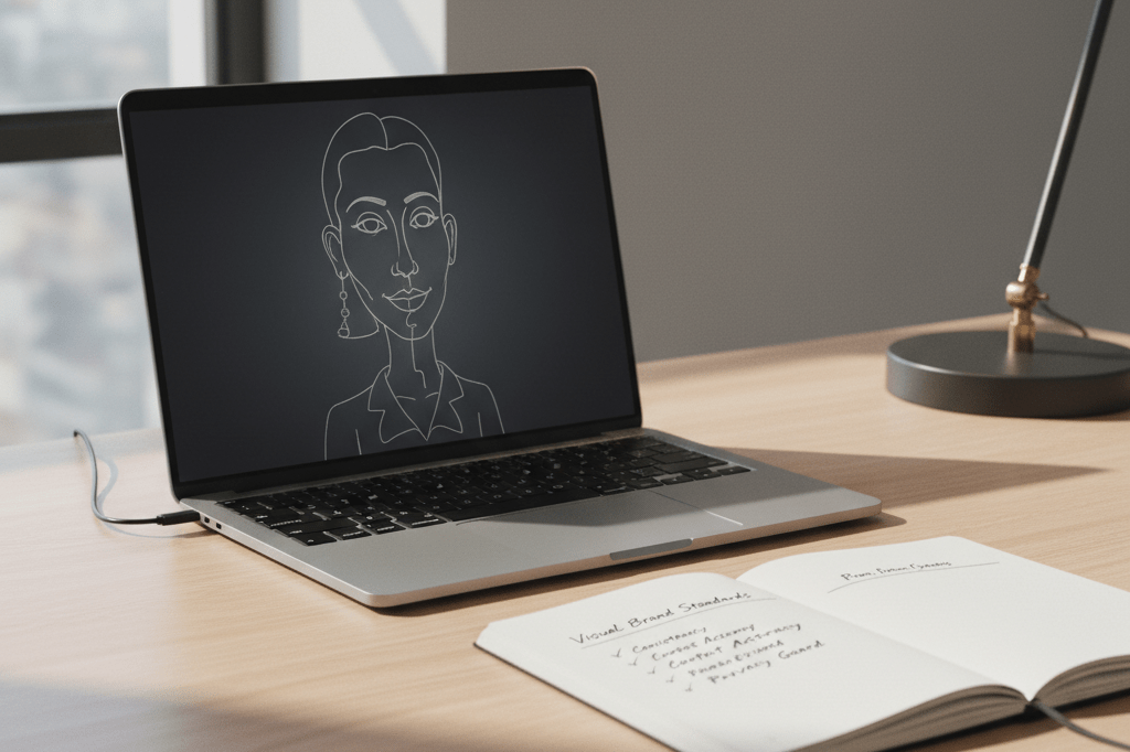 Medium shot of laptop showing faint distorted AI caricature beside open notebook with visual brand standards checklist on wooden desk in natural light
