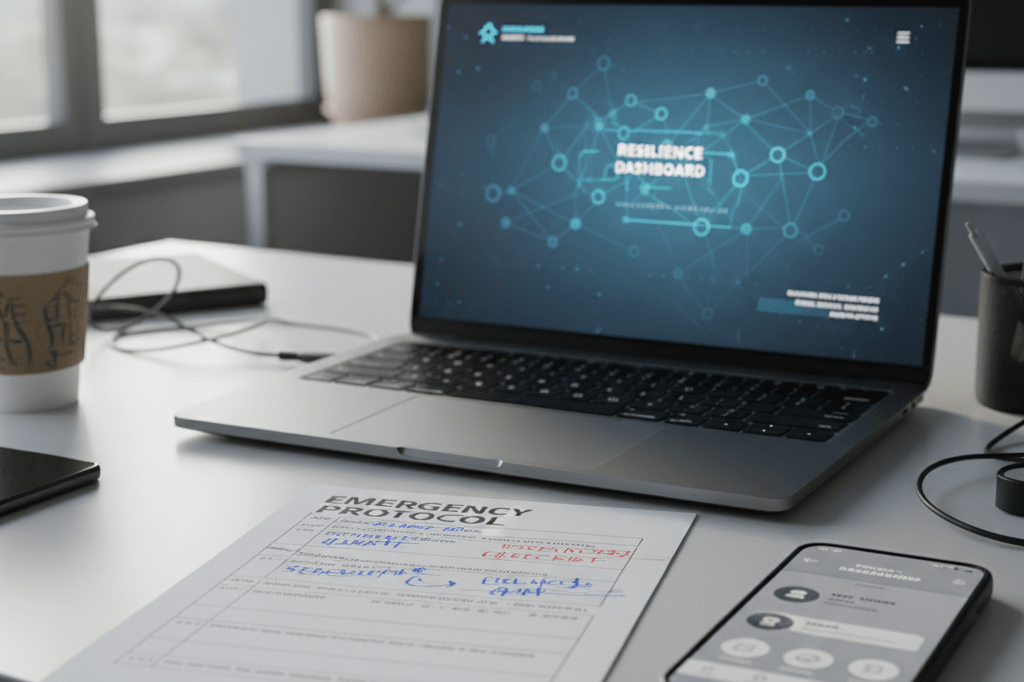 Office desk with emergency protocols and digital tools during crisis Modern office desk featuring emergency checklists and digital screens under natural light symbolizing business resilience