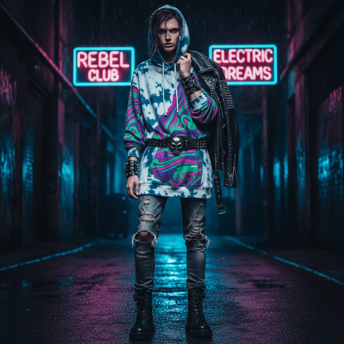 Model in acid-wash hoodie and distressed jeans with marbled patterns and leather accessories.