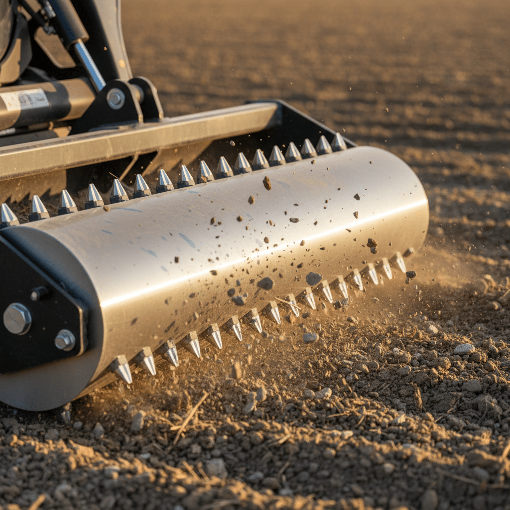 Close-up of power rake attachment teeth pulverizing soil and pebbles.