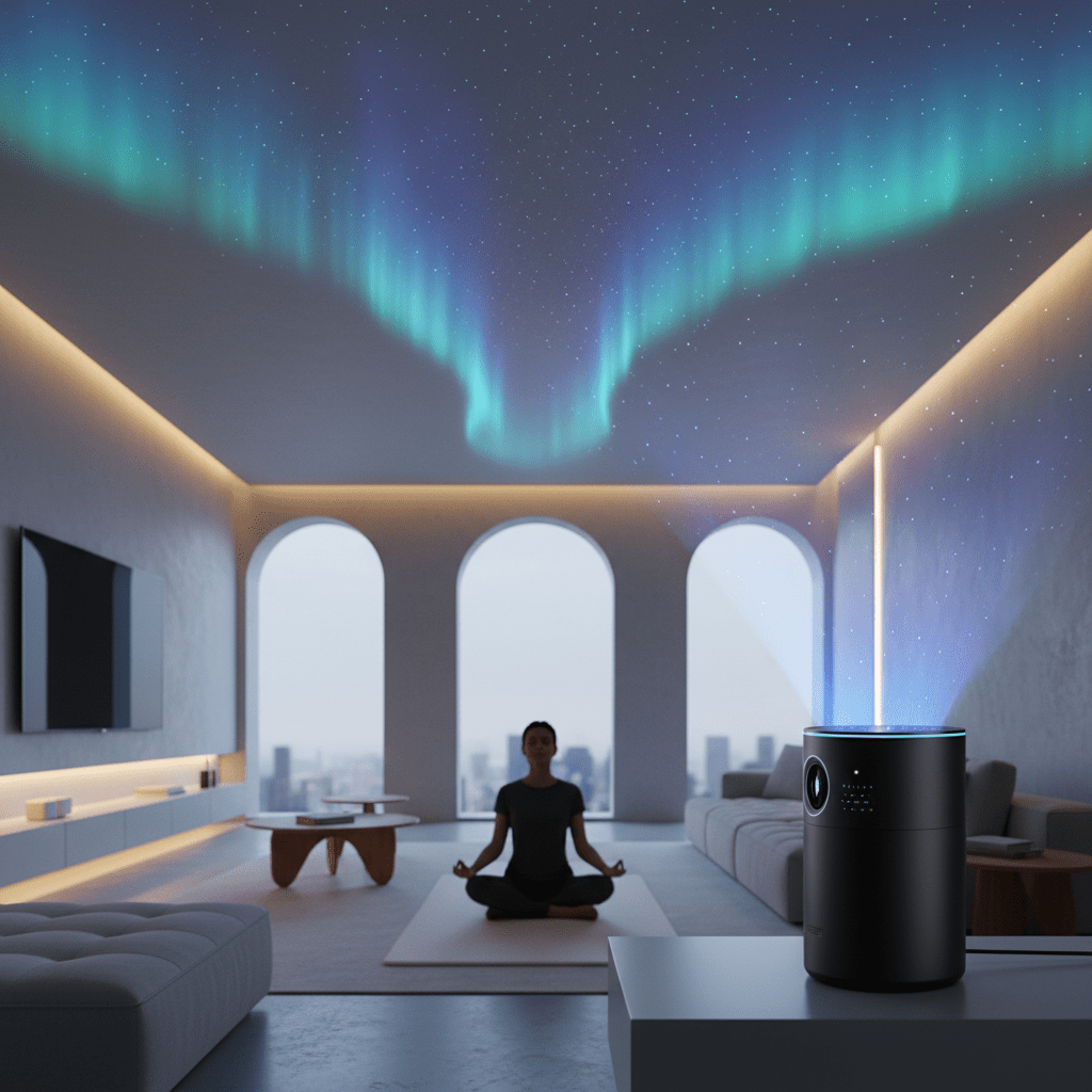 Futuristic star projector casts a pulsing aurora in a modern, serene living room.