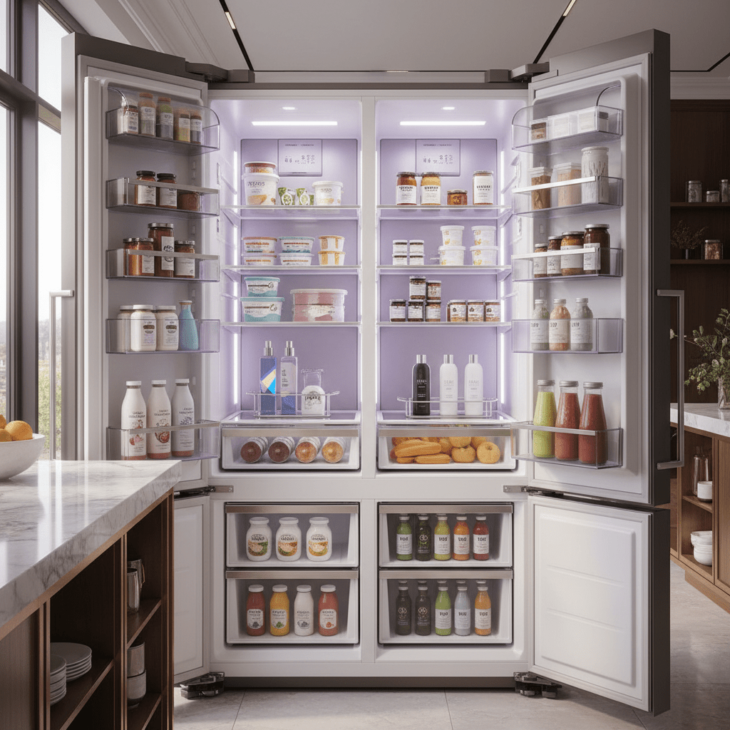 Open luxury refrigerator interior with wellness compartments and illuminated vitamin shelves.