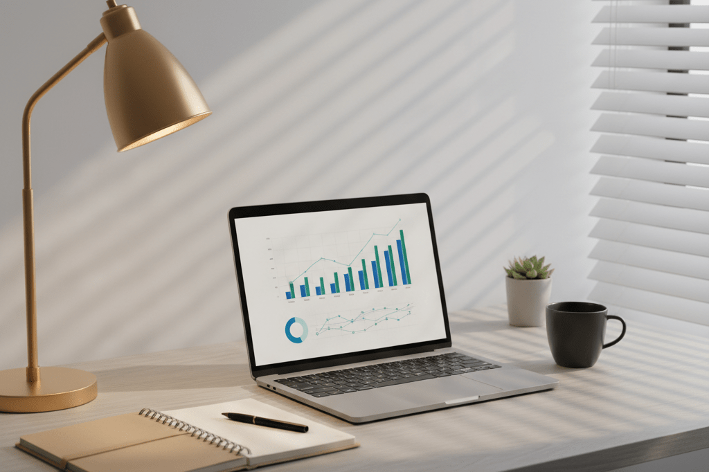 Wide shot of a professional desk with analytics tools under warm ambient lighting, symbolizing competitive market strategies