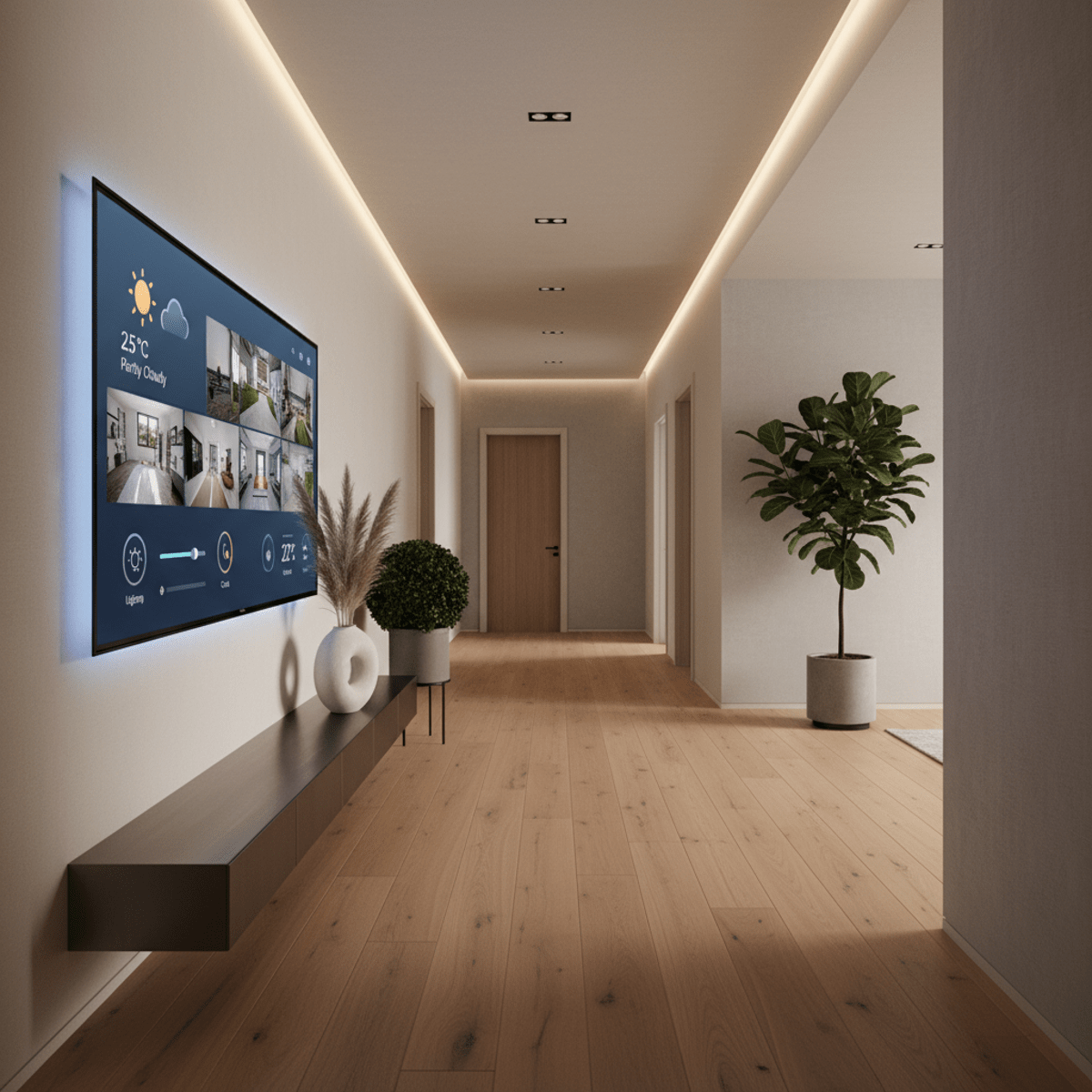 Contemporary smart home hallway with embedded 4K TV displaying widgets and warm wooden flooring.
