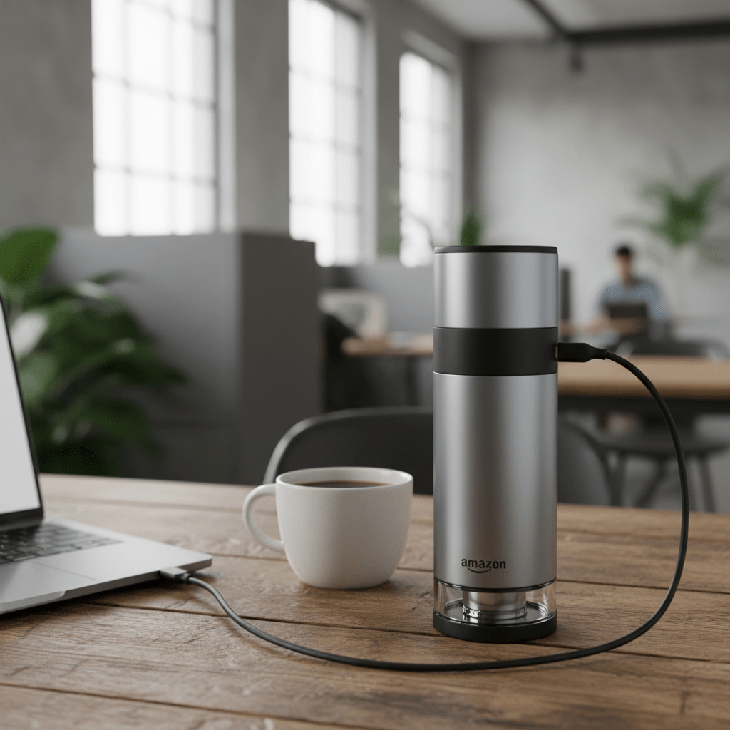Sleek USB-C coffee grinder with brushed aluminum finish on a rustic table.