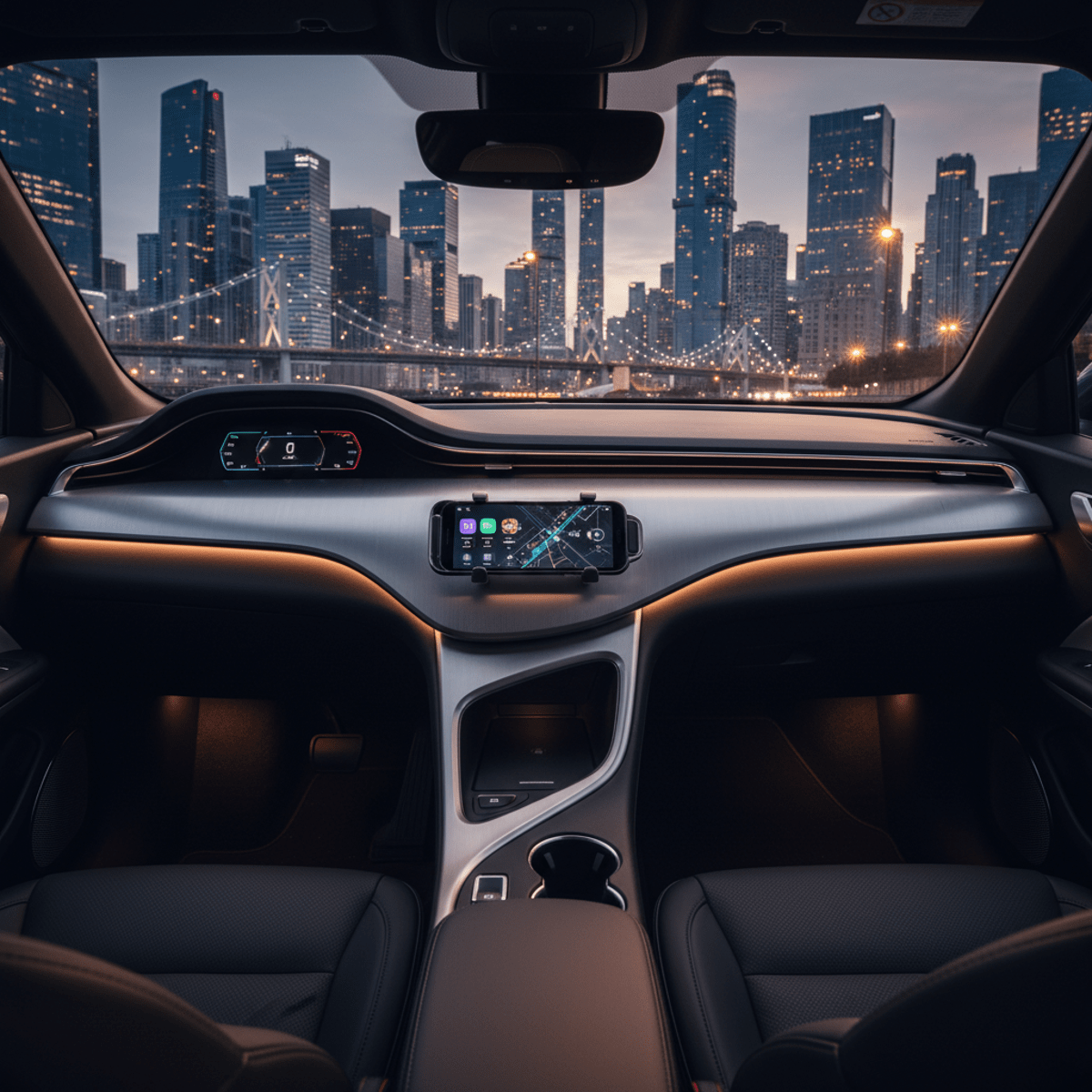 Wide shot of an affordable car cockpit with a curved brushed metal dashboard and ambient lighting.