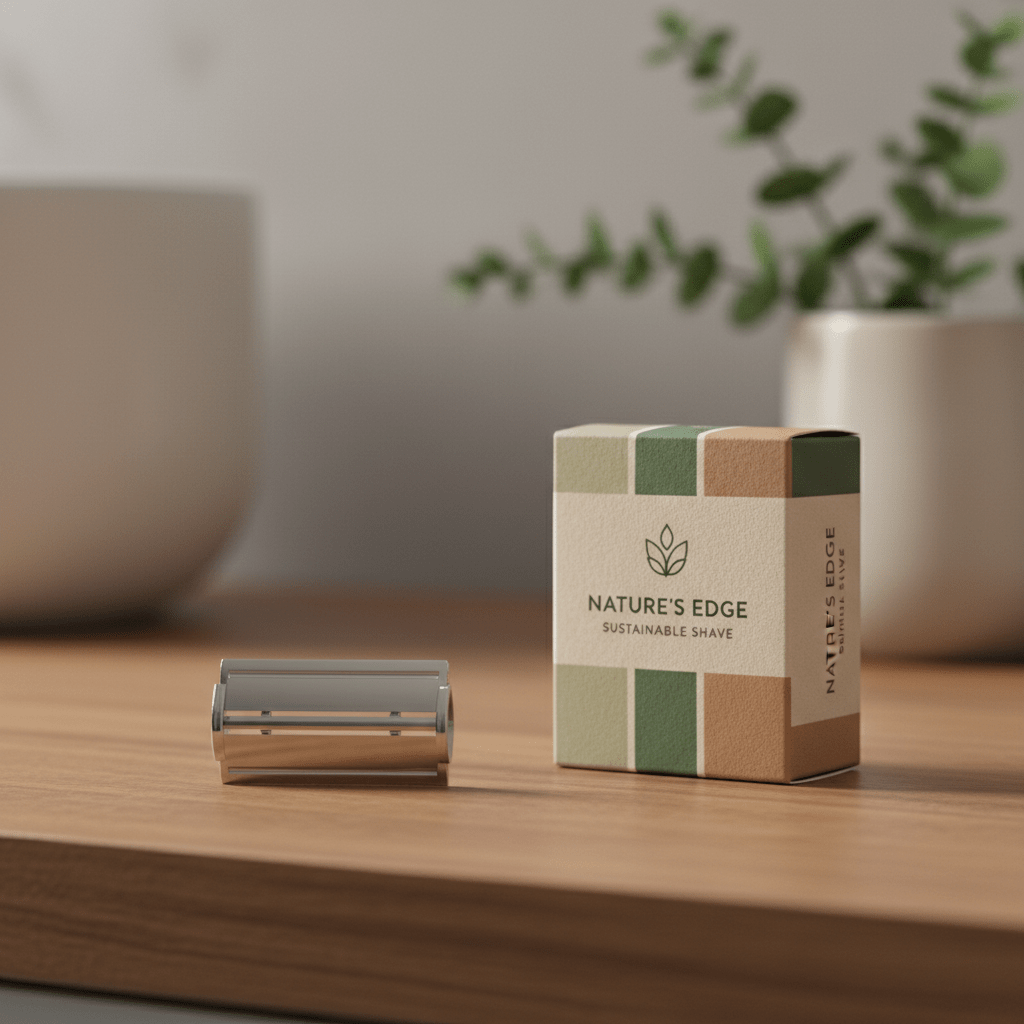 Premium safety razor blade on wooden counter with eco-friendly packaging.