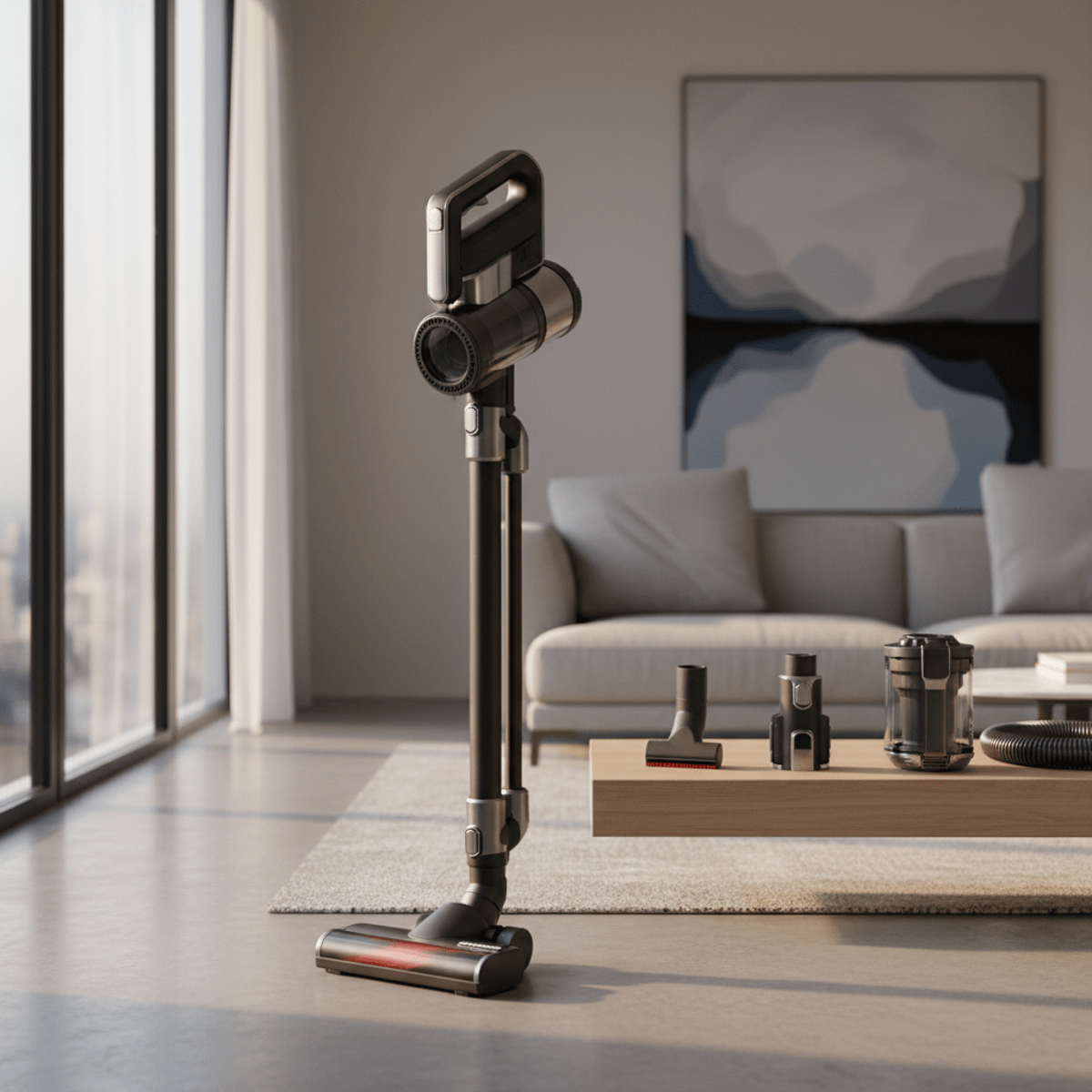 Modular vacuum cleaner with detachable units in a modern living room with golden hour light.