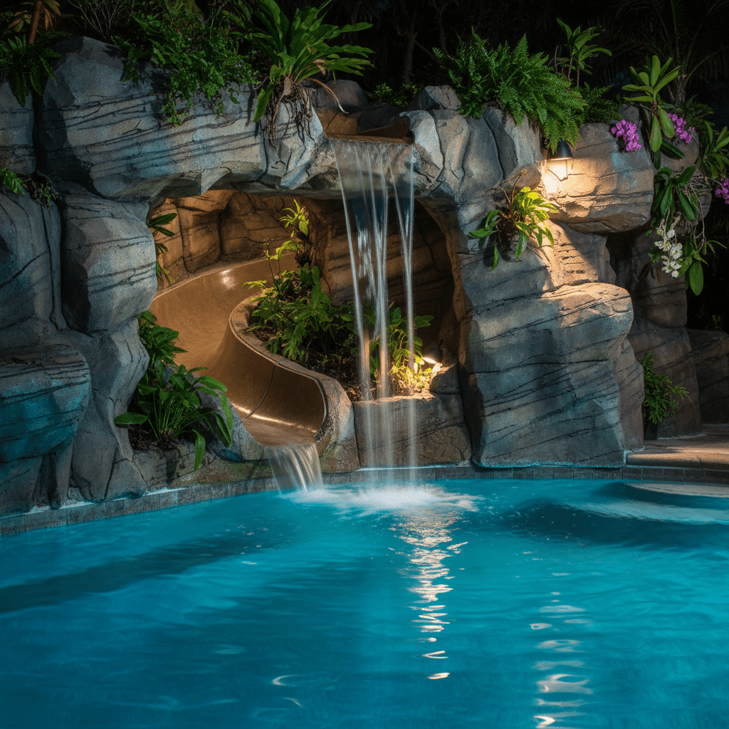 Luxurious inground pool slide in a cave grotto with blue and green LED glows.