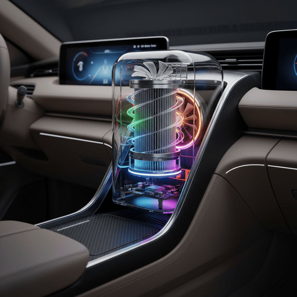Futuristic car air purifier with HEPA filter on a modern dashboard.