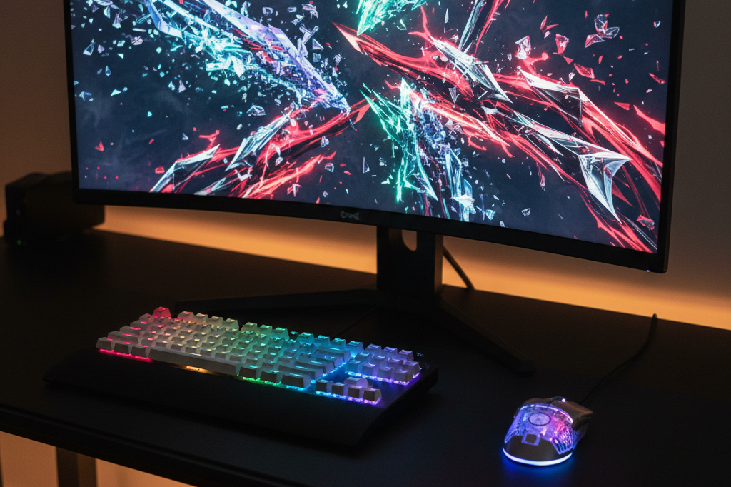 Medium shot of a dark gaming desk with RGB-lit peripherals and monitor displaying abstract crimson-silver particle effects representing a limited-time digital skin launch