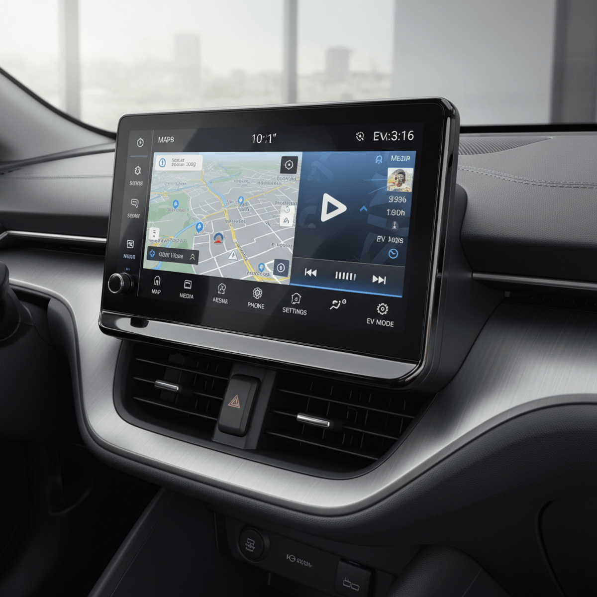 Modern car infotainment system with a floating touchscreen displaying navigation and multimedia.