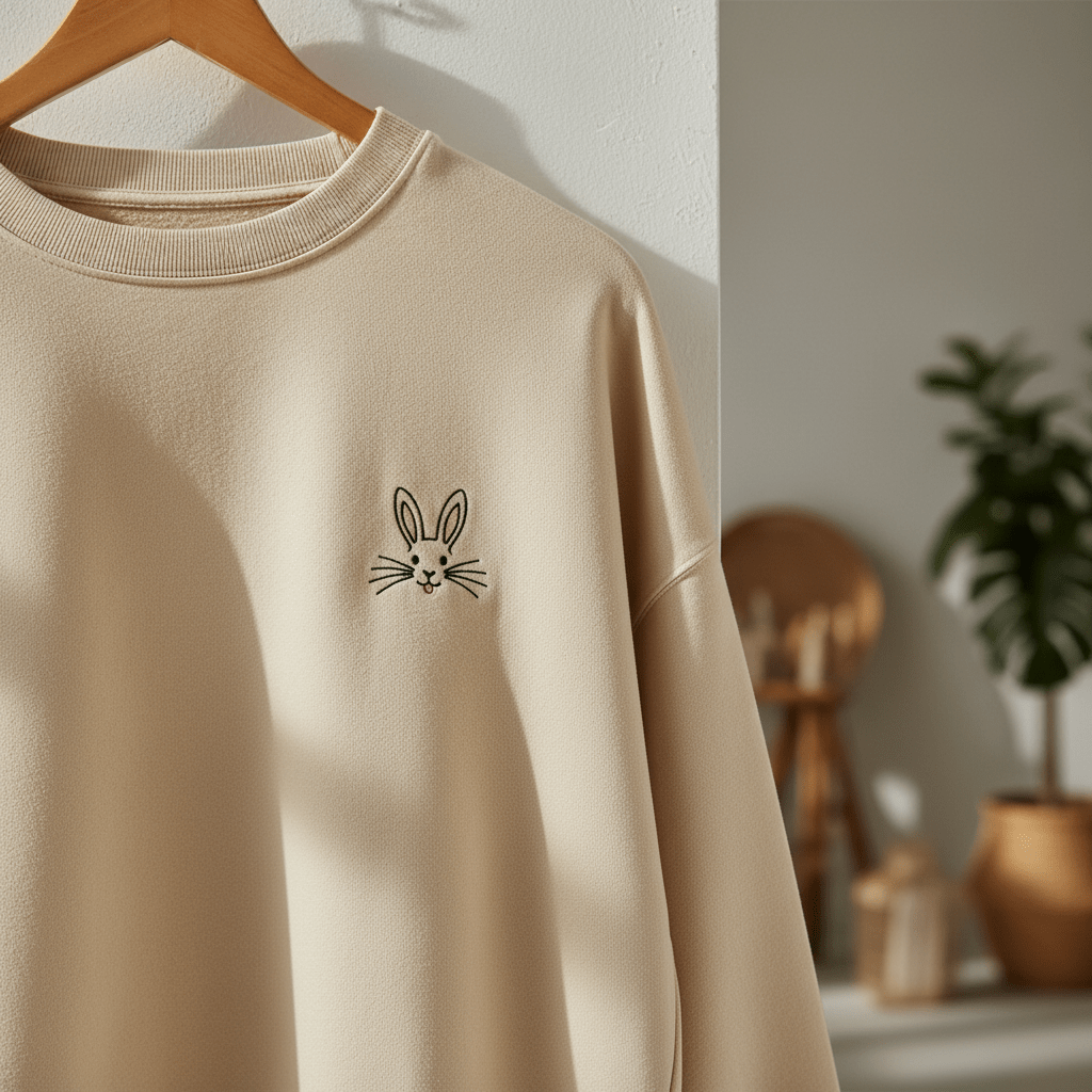 Cream cotton sweatshirt with detailed bunny head embroidery on the chest.