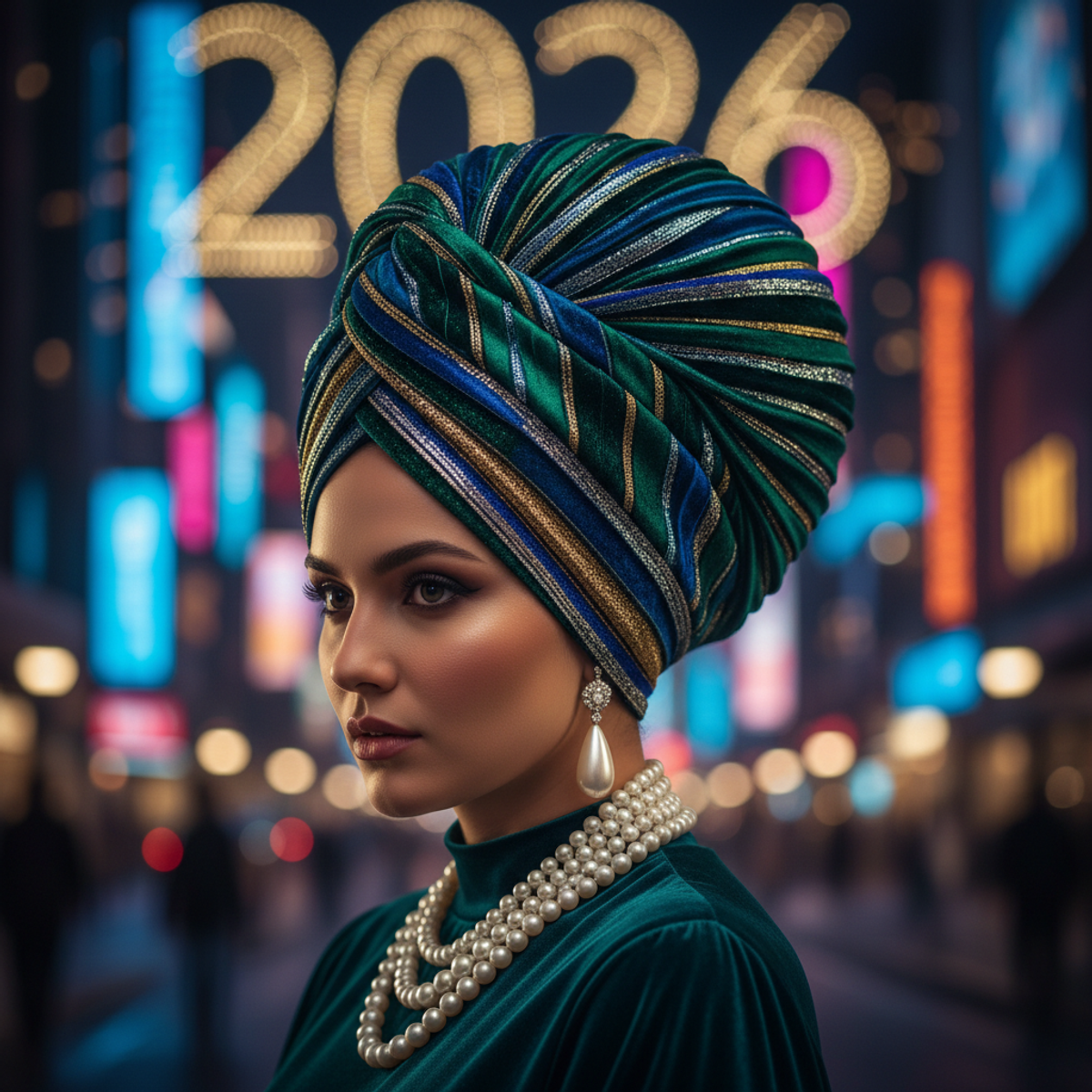 Luxurious jeweled satin turban hijab with sculpted details. Dramatic jeweled turban hijab with sculpted curves and metallic accents.