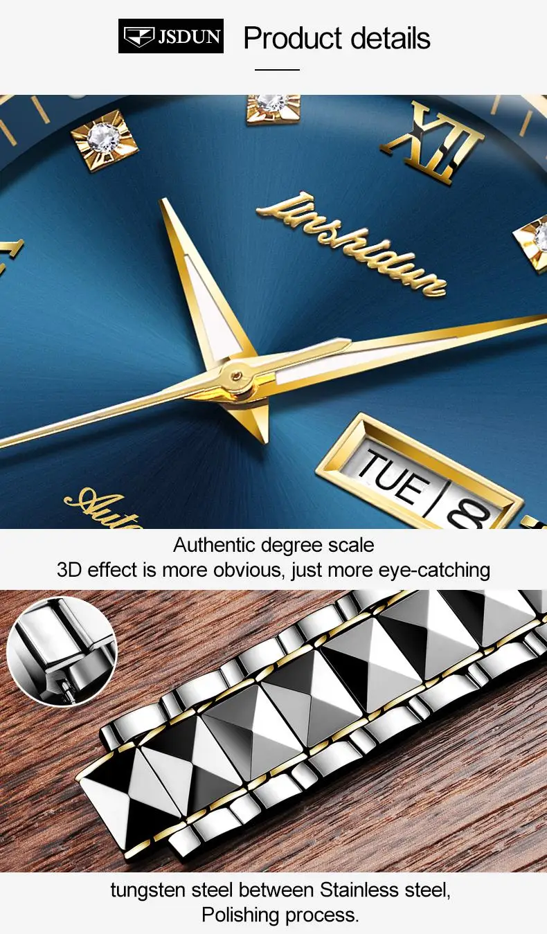 Men Watch 8813 JSDUN Automatic Mechanical WristWatch Stainless Steel Strap Analog Date Watch Fashion Business Clock