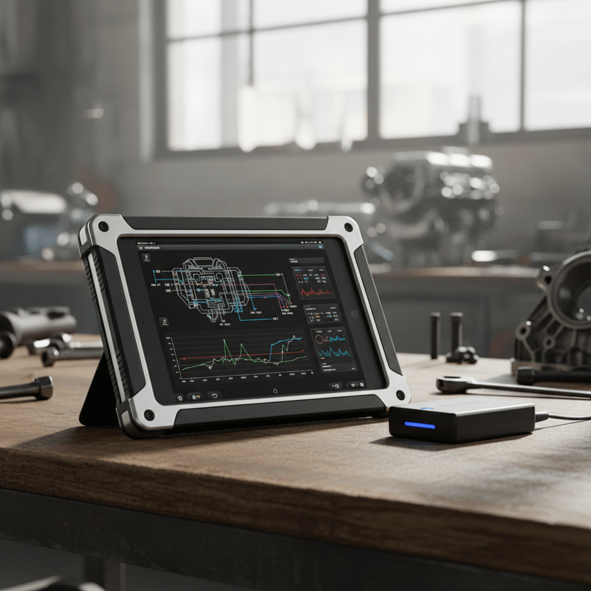 Rugged tablet displays engine schematics next to a vehicle engine and diagnostic module.