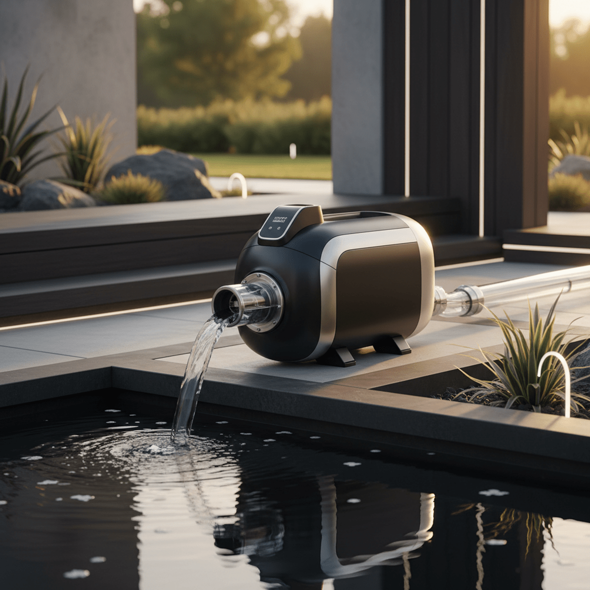 Futuristic water pump beside a landscaped pond, showcasing clean interior operation.