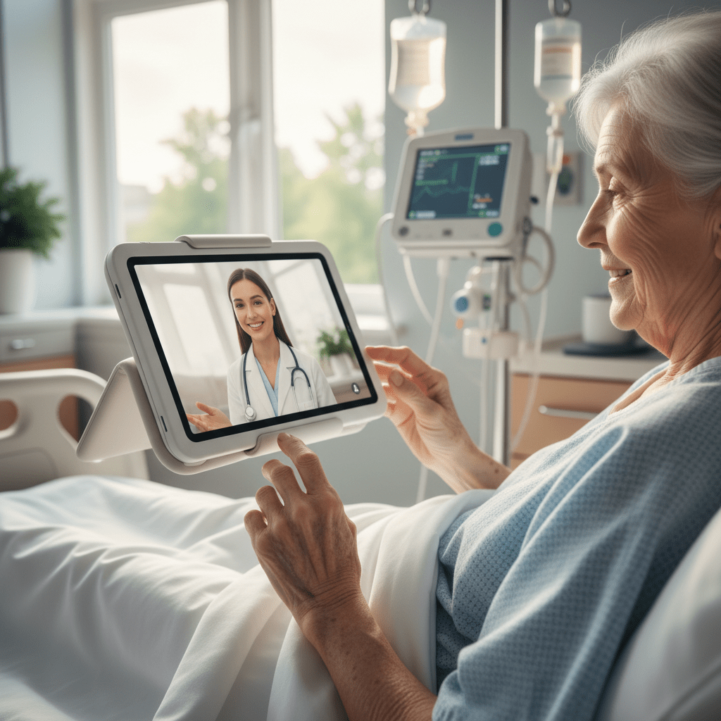 Elderly patient uses a tablet for a telehealth call in a bright hospital room.