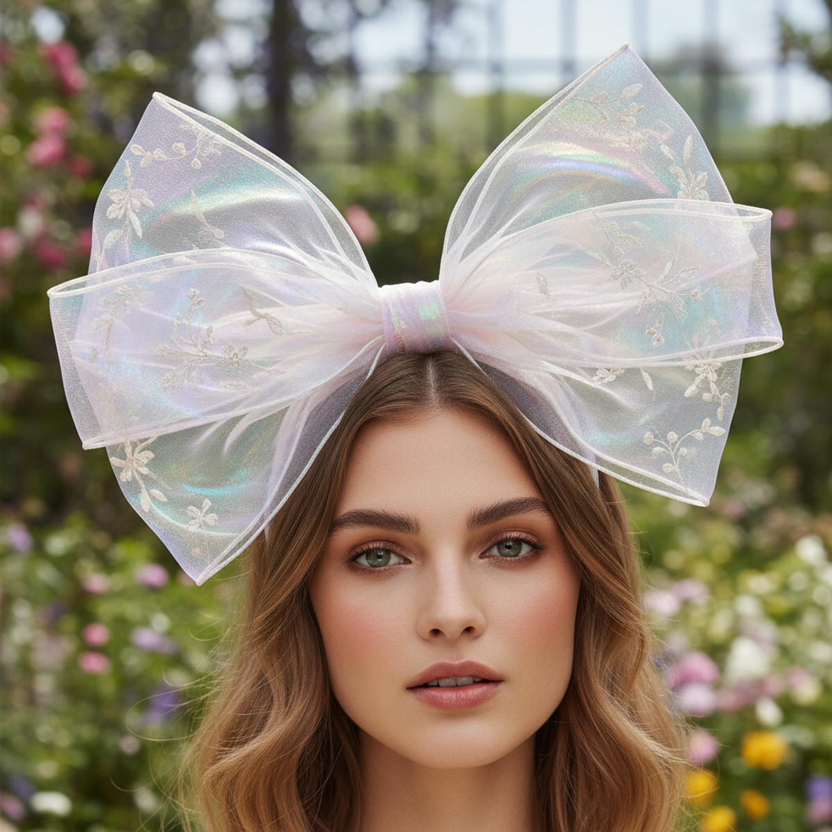Airy organza bow headband floats like mist, with floral embroidery in a garden.