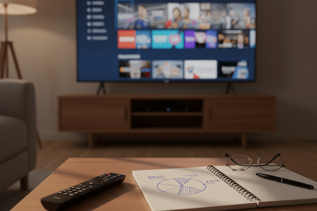 Living room setup featuring a streaming service menu, notebook with pricing tier sketch, and reading glasses under warm ambient lighting