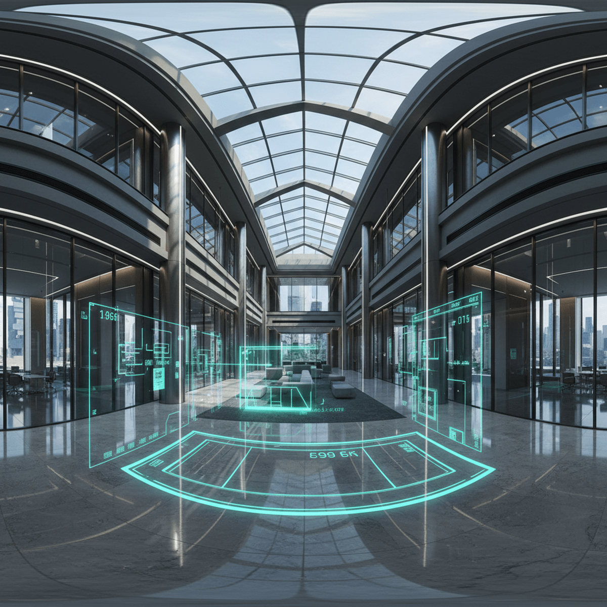 Spacious futuristic office lobby with AR renovation highlights and polished marble floors.