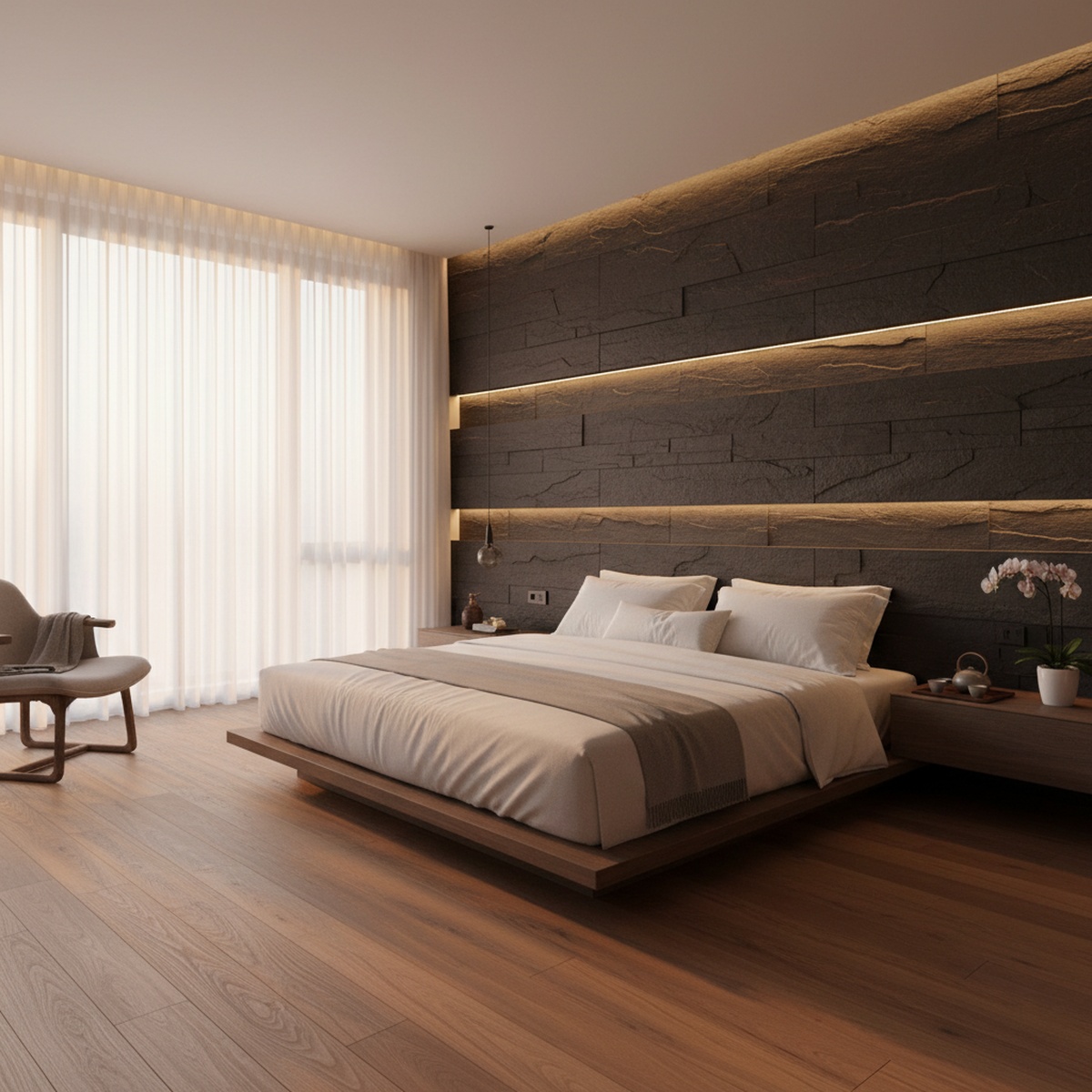 Contemporary bedroom with carbon slate wall, warm LED grooves, and soft golden hour light.