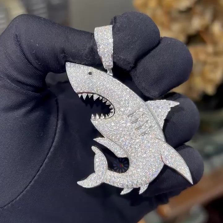 AAA Gems Mens Sparkle Flawless Moissanite Diamond Pendant Silver/ 10K White Gold VVS Round Diamond Shark Charm Pendant in 4.8ct