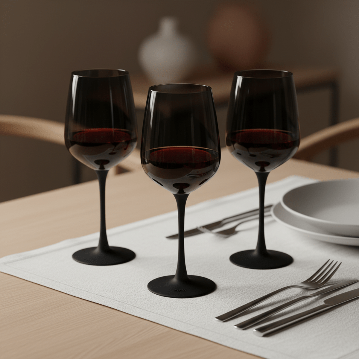 Matte black wine glasses with velvety texture hold garnet wine on a pale oak table.