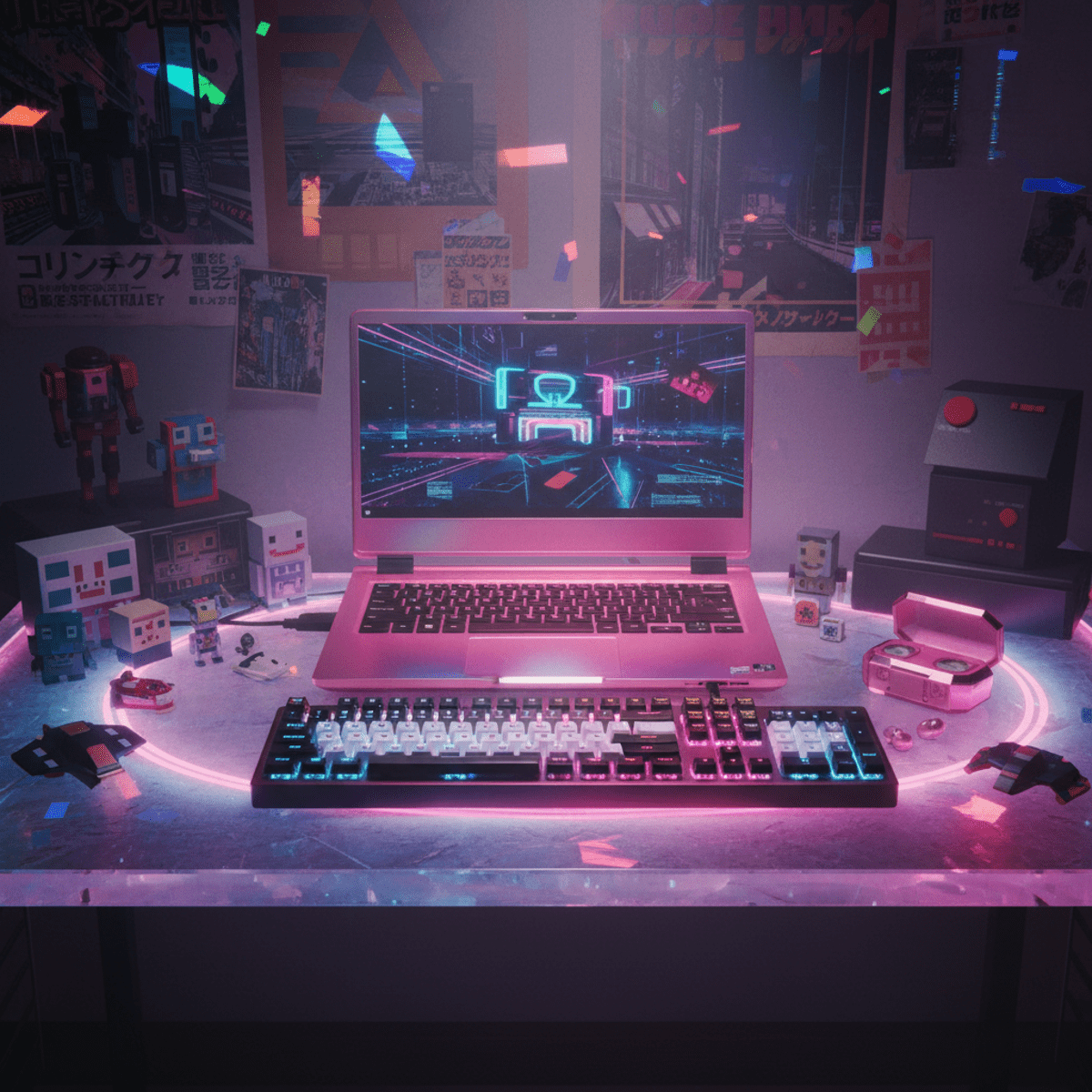Retro-futurist gamer workspace with a pink laptop and dynamic RGB lighting.