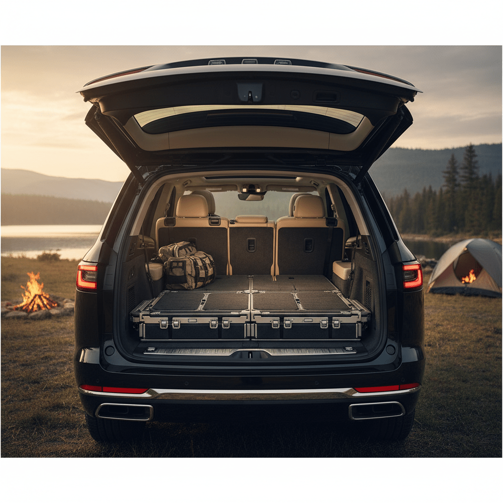 SUV interior with folded seats, ideal for camping trips. Spacious SUV cargo area with seats folded, ready for outdoor adventures.