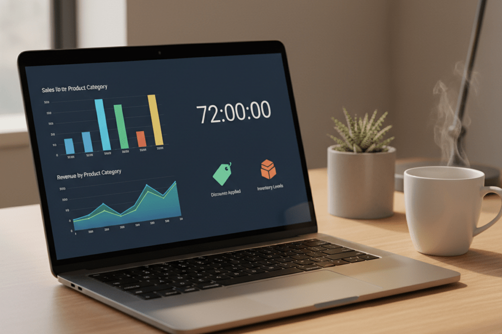 Medium shot of a laptop displaying a clean analytics dashboard with bar charts, countdown timer, and inventory indicators under natural and warm ambient lighting