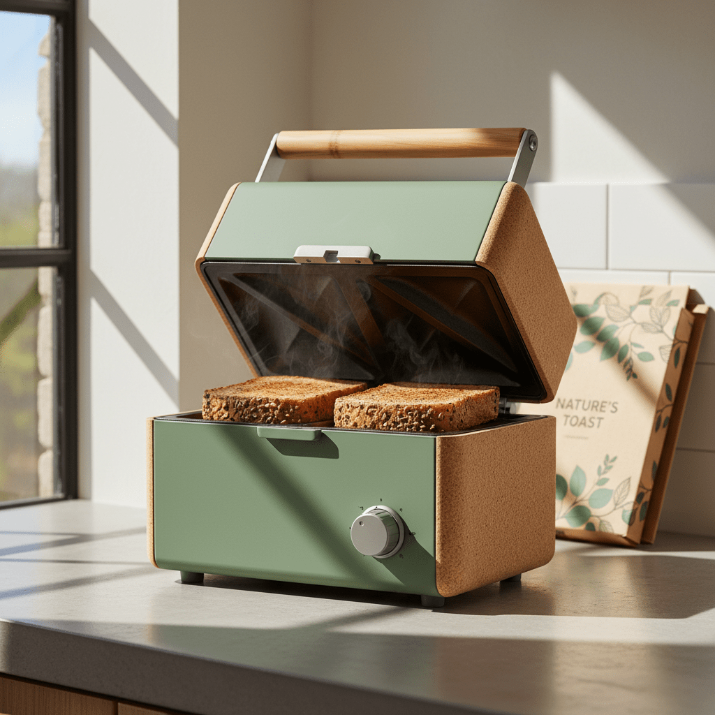 Sustainable sandwich toaster with cork and bamboo details on a minimalist kitchen counter.