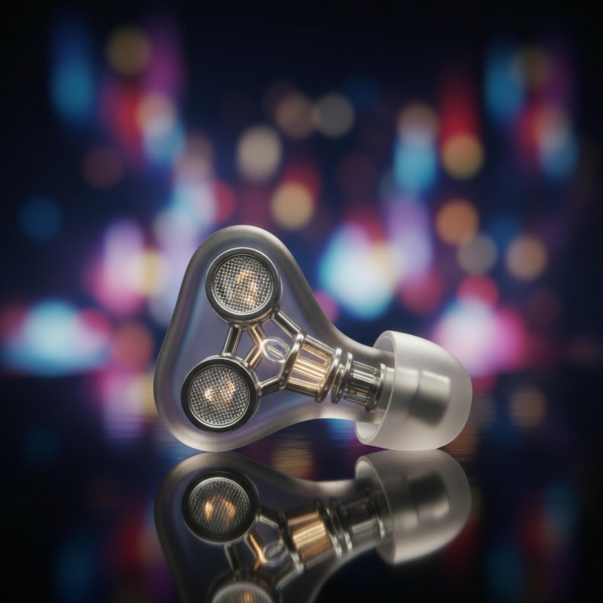 Advanced concert earplugs with translucent housing and precision acoustic filters on a black stage.