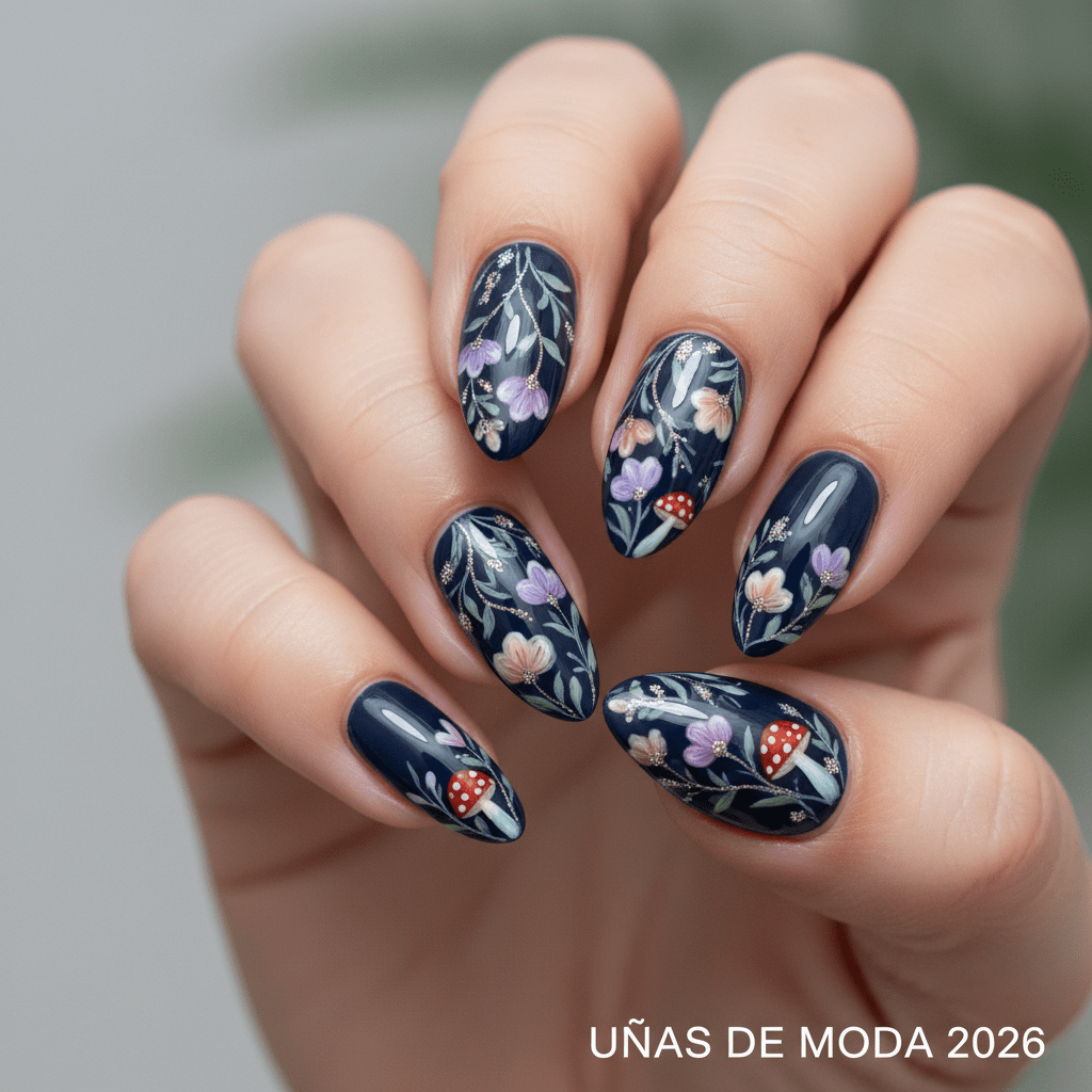 Fashionable 2026 nail art with hand-painted botanical designs on midnight navy.
