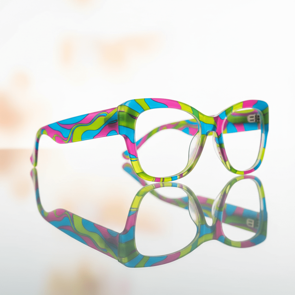 Oversized trendy eyeglasses with translucent jelly acetate frames in electric blue, neon pink, and lime green.