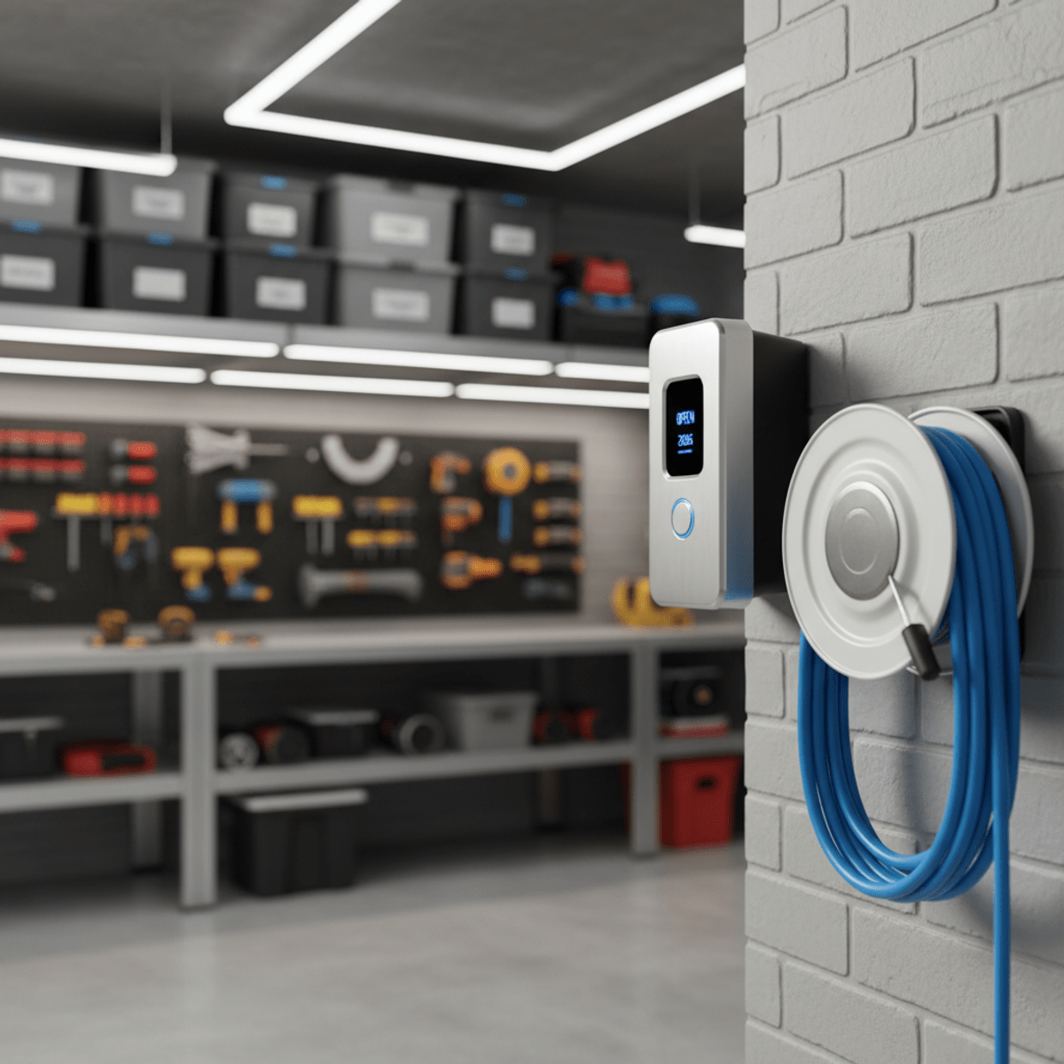 Minimalist garage door opener in a hyper-organized workshop with metallic finishes.