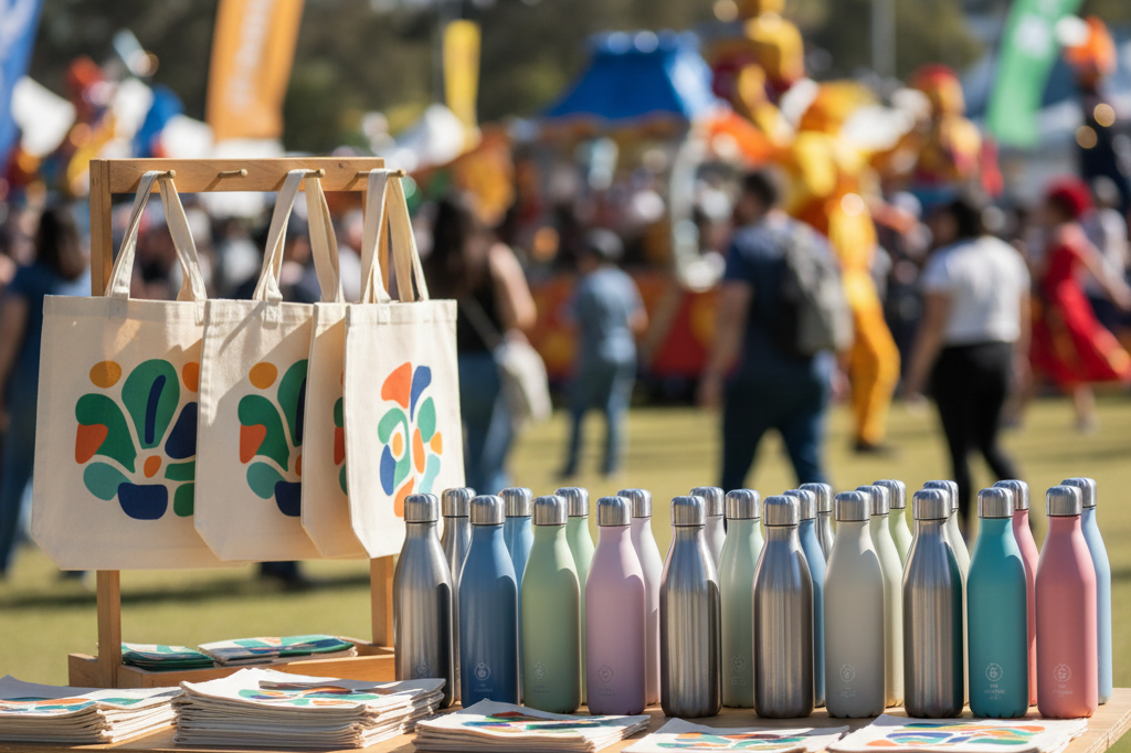 Eco-friendly festival items displayed on a wooden table with blurred parade crowd in background