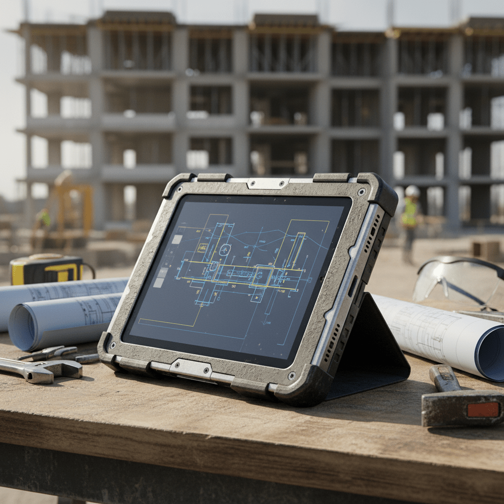 Rugged tablet on dusty site table with blueprints and tools, visible in sunlight.