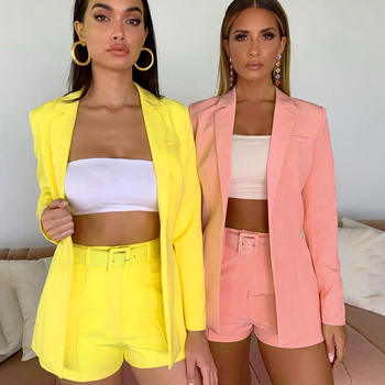 hot pink blazer and shorts